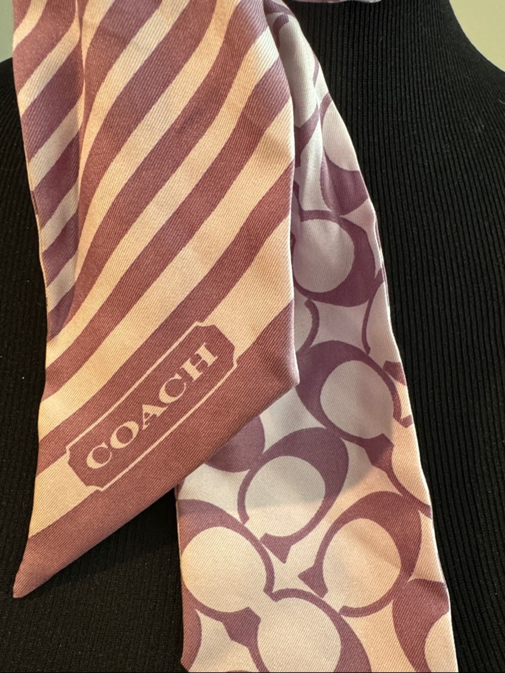 COACH Purple Signature Silk Skinny Scarf- Reversible Stripe & Monogram - Picture 2 of 4